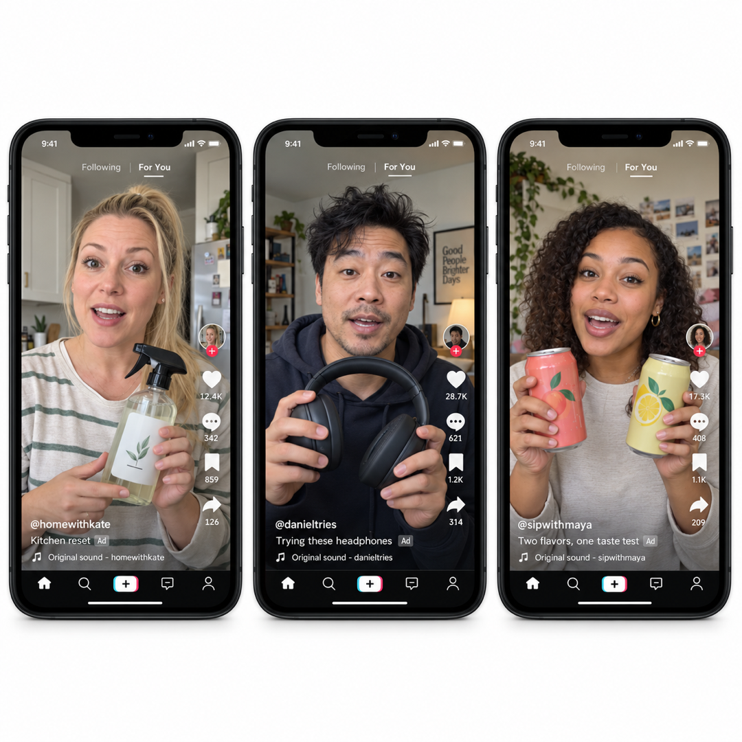 Three phone mockups showing creators demonstrating a cleaning spray, headphones, and canned drinks.